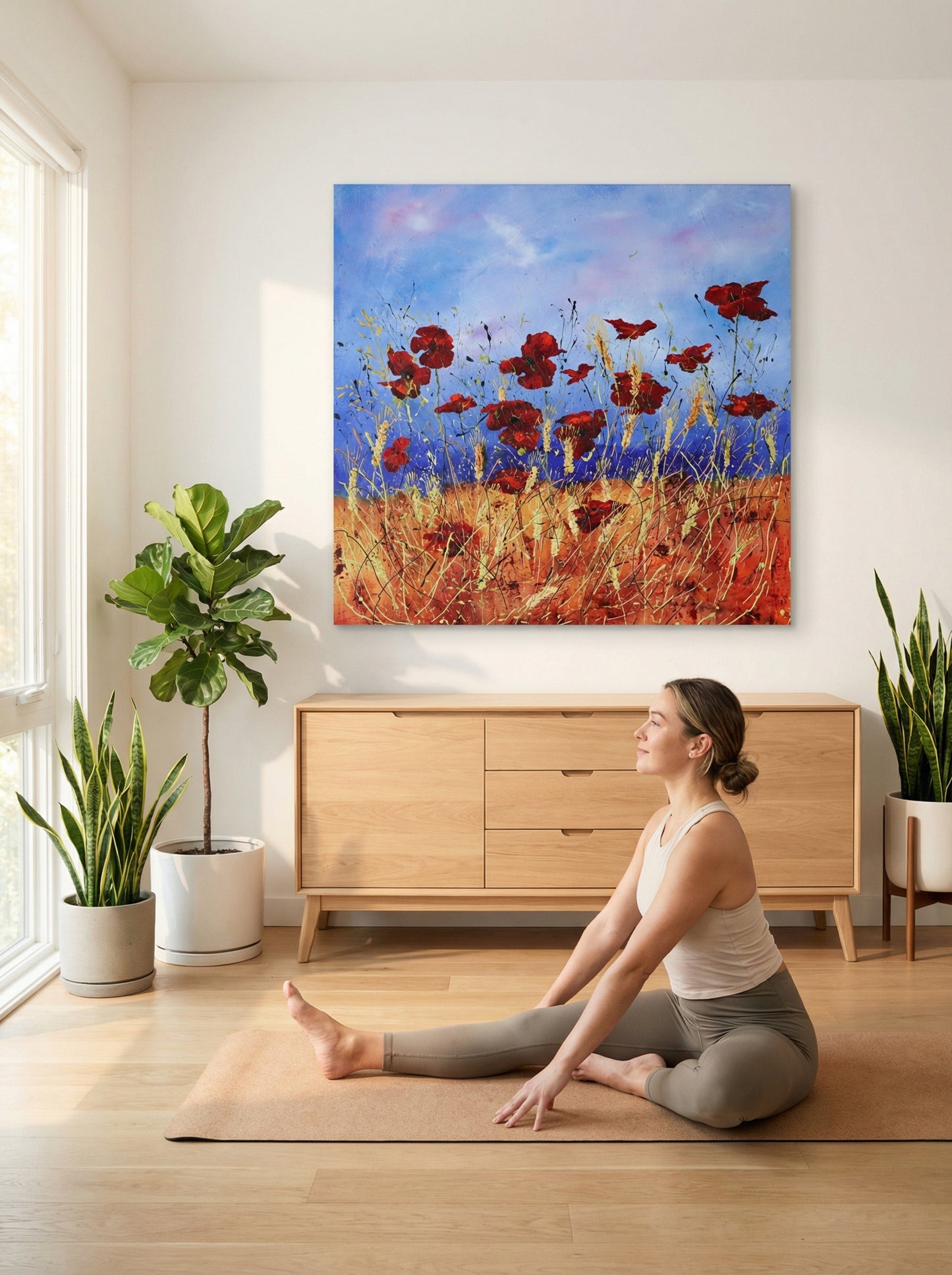 AI-generated mockup: A bright, airy living room bathed in soft morning light, with the 'Wild Flowers' painting hanging pr