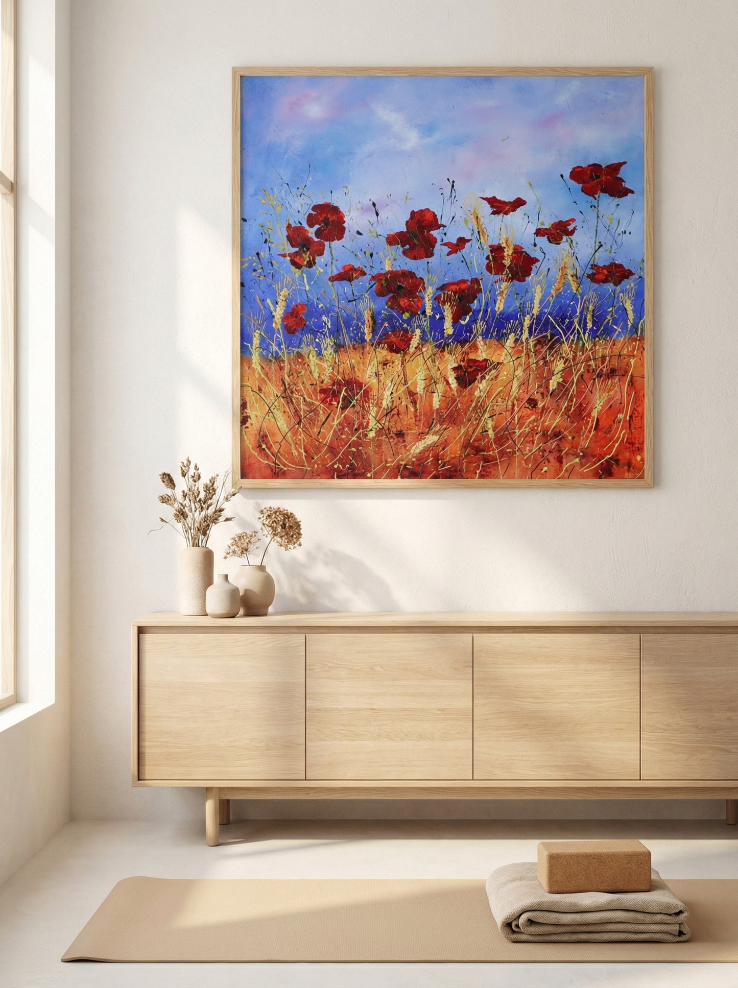 AI-generated mockup: A bright, airy living room bathed in soft morning light, with the 'Wild Flowers' painting hanging pr