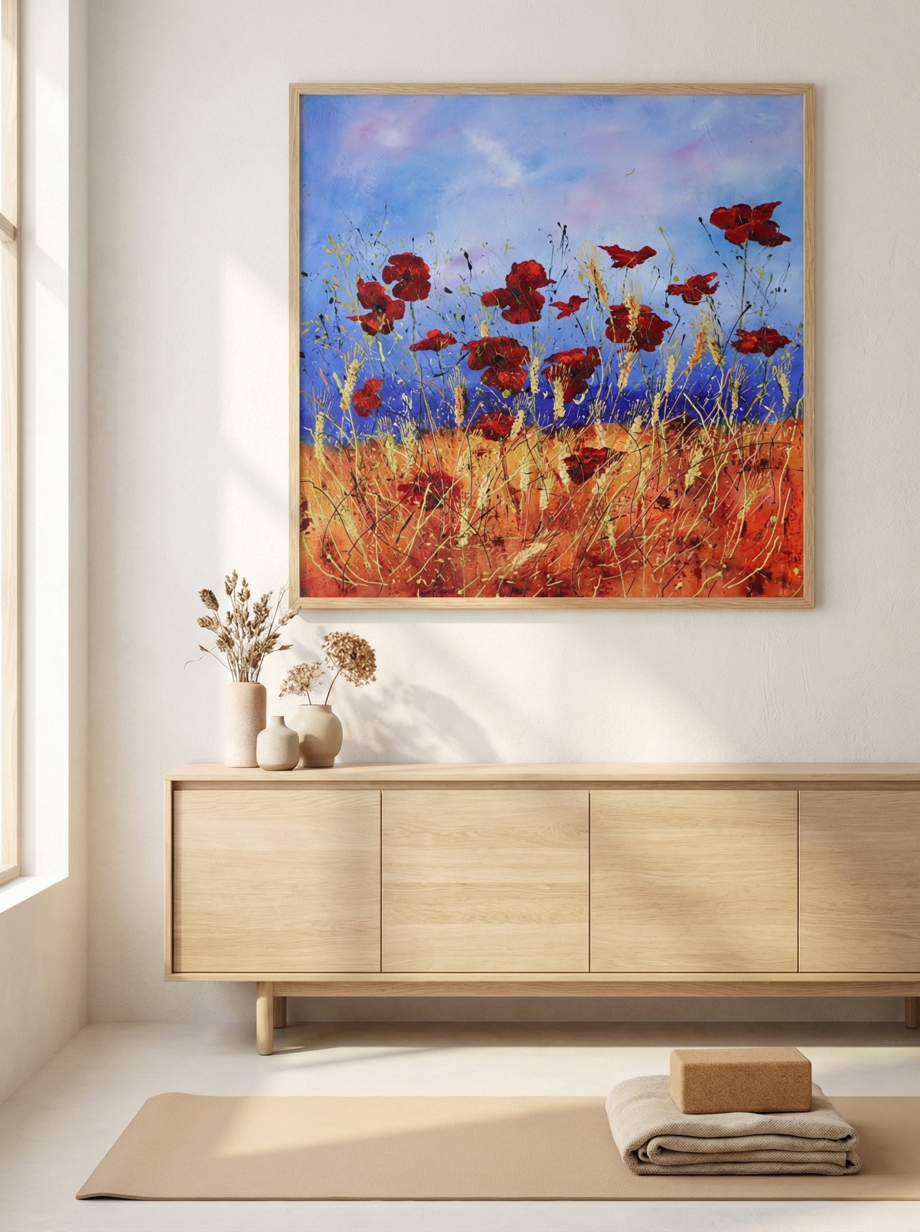 AI-generated mockup: A bright, airy living room bathed in soft morning light, with the 'Wild Flowers' painting hanging pr