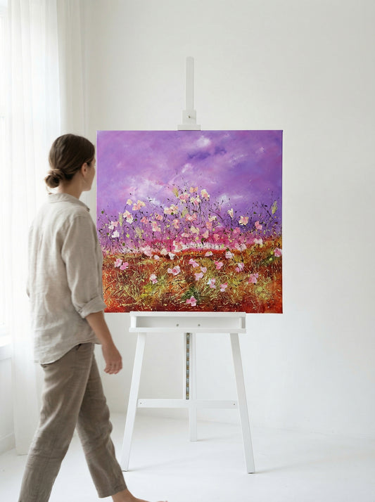 AI-generated mockup: The painting 'Calling Of The Meadow' centrally placed on a pristine white art easel in a brightly li